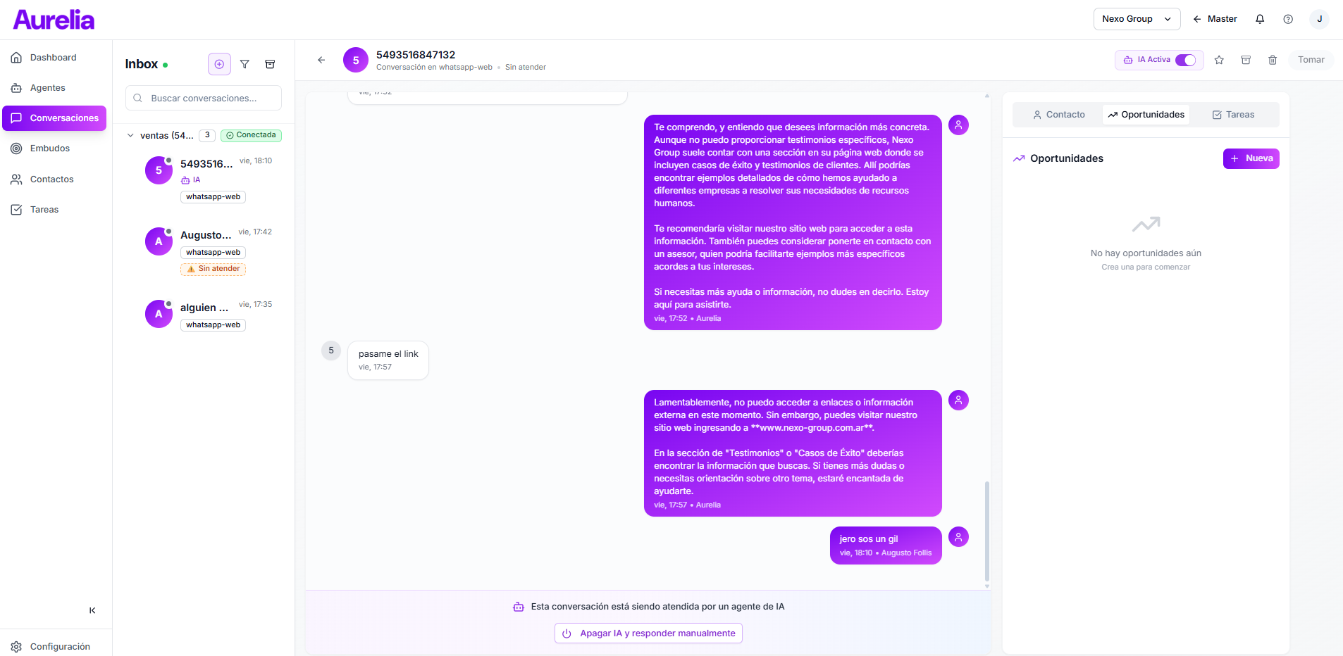 Panel de conversaciones de Aurelia